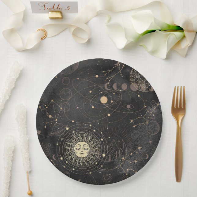 Black Gold Astrological Pattern Paper Plates (Wedding)