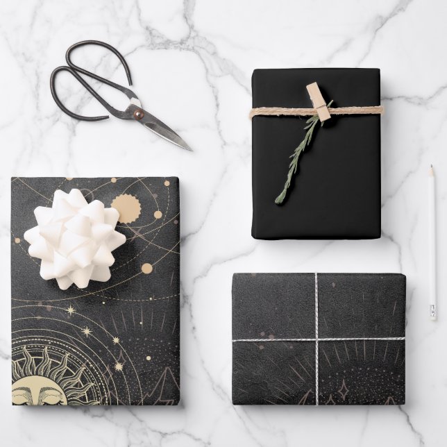 Black Gold Astrological Pattern Wrapping Paper Sheets (Front)