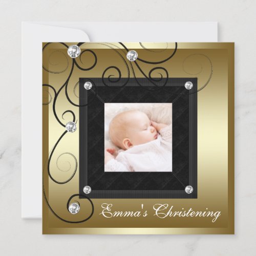 Black Gold Baby Boy Girl Photo Christening Custom Invite