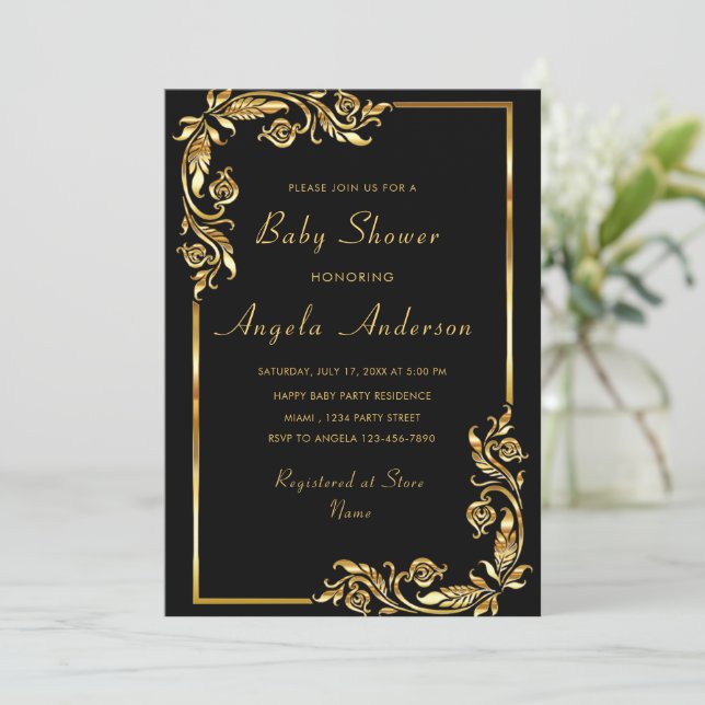 Black Gold Baby Boy Shower Invitation Template (Standing Front)