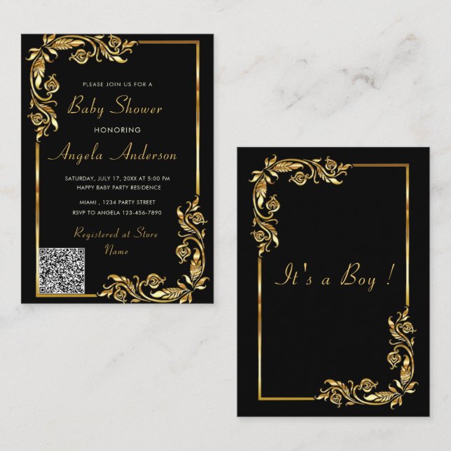 Black Gold Baby Shower Invitation Template QR Code (Front/Back)