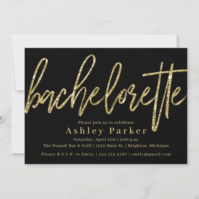 Black Gold Bachelorette Party Invitation Glitter (Front)