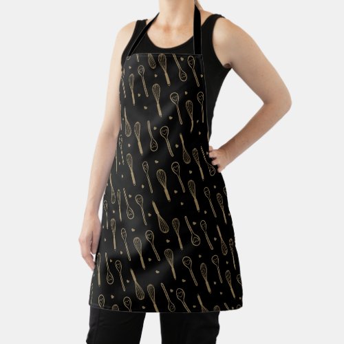 Black  Gold Baking Whisk  Heart Spoon Pattern Apron