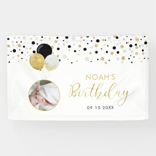 Black  Gold Balloon 1st Birthday Photo Banner