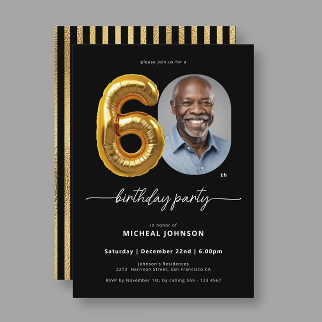 Black Gold Balloon 60th Birthday Invitation (Black Gold Balloon 60th Birthday Invitation)