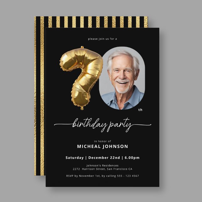 Black Gold Balloon 70th Birthday Invitation (Black Gold Balloon 70th Birthday Invitation)