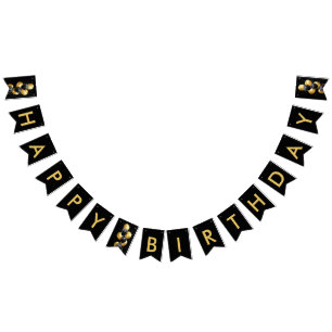 Black Gold Balloon Chic Happy Birthday Bunting Flags