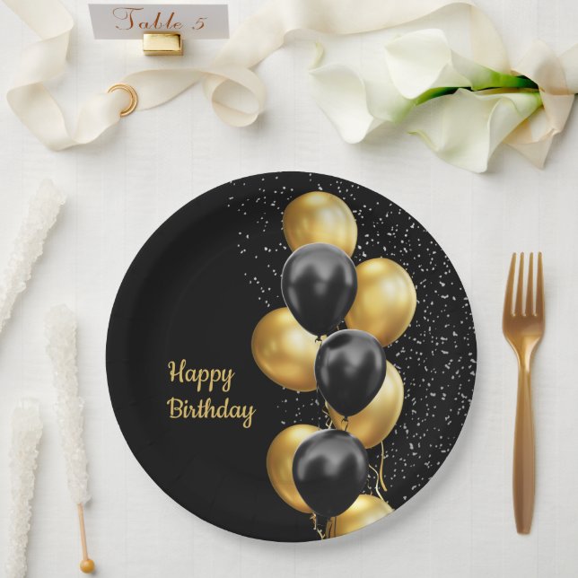 Black Gold Balloon Chic  Paper Plates (Wedding)