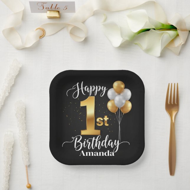 Black Gold Balloons 1st Birthday Paper Plate (Wedding)
