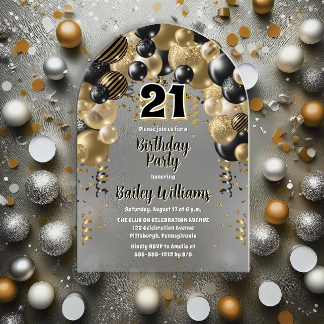 Black Gold Balloons 21st Birthday Party Acrylic Invitations (Black | Gold Tone Celebration Balloons "21" 21st Birthday Party Acrylic Invitation)