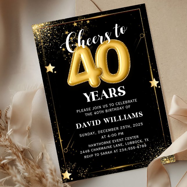 Black Gold Balloons 40th Birthday Party Invitation (Creator Uploaded)