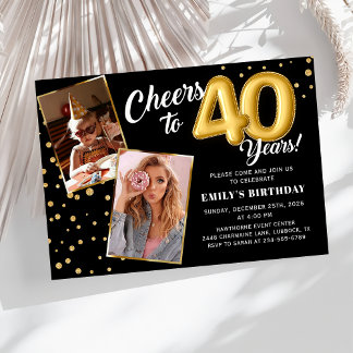 Black Gold Balloons 40th Birthday Photo Invitation