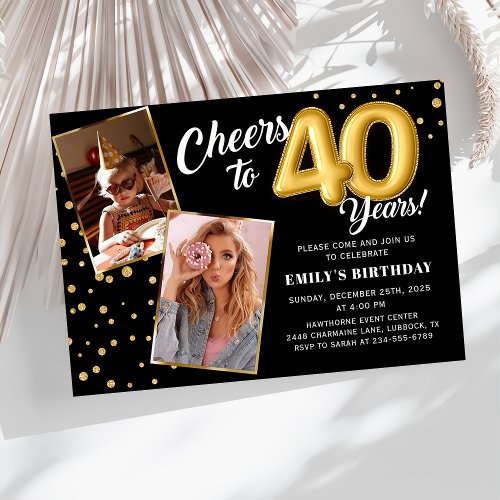 Black Gold Balloons 40th Birthday Photo Invitation