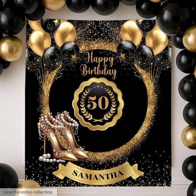 Black Gold Balloons 50th Birthday Backdrop (Black Gold Balloons 50th Birthday Backdrop)