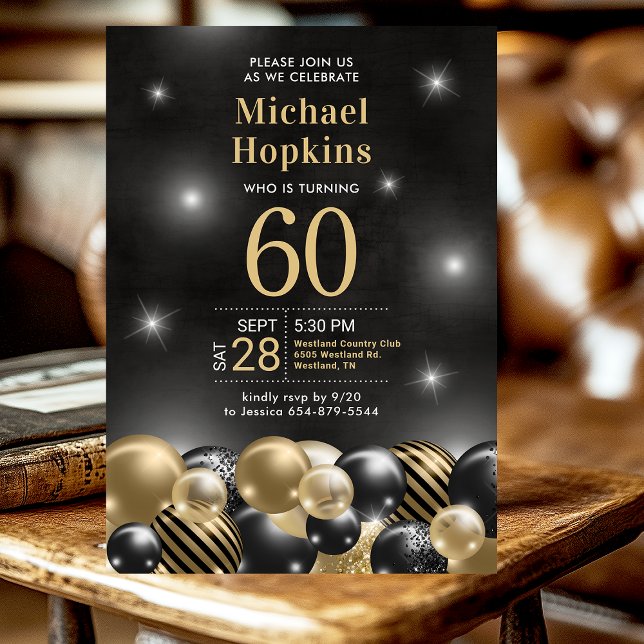 Black Gold Balloons 60th Birthday Party Invitation (Creator Uploaded)