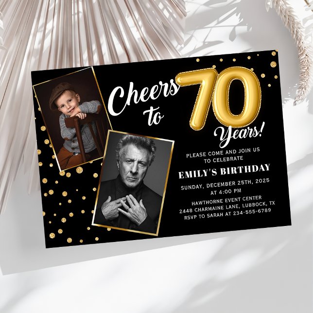 Black Gold Balloons 70th Birthday Photo Invitation (Creator Uploaded)