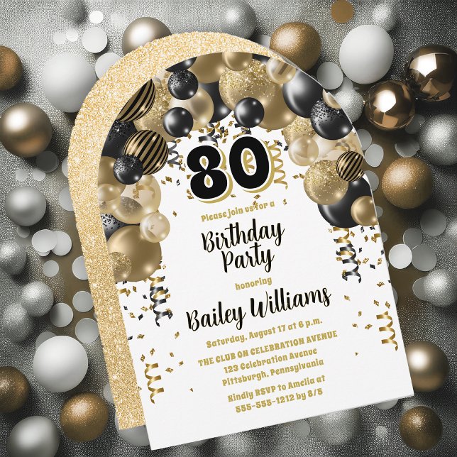 Black Gold Balloons 80th Birthday Party Invitation (Black, Gold Tone and White  Celebration Balloons "80" 80th Birthday Party Invitation - Print | Digi)
