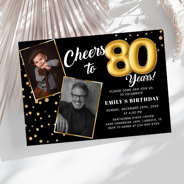 Black Gold Balloons 80th Birthday Photo Invitation (Creator Uploaded)