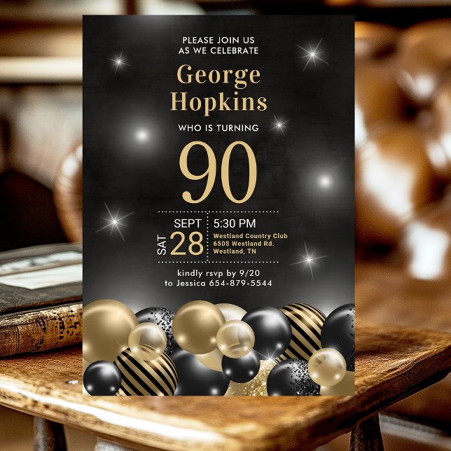 Black Gold Balloons 90th Birthday Party  Invitation (Creator Uploaded)