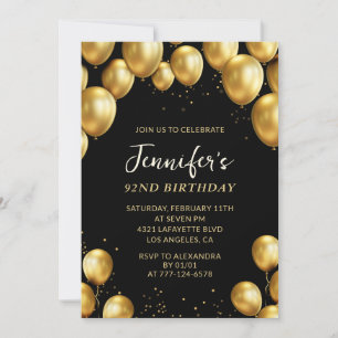 Black Gold Balloons 92nd birthday  Invitation