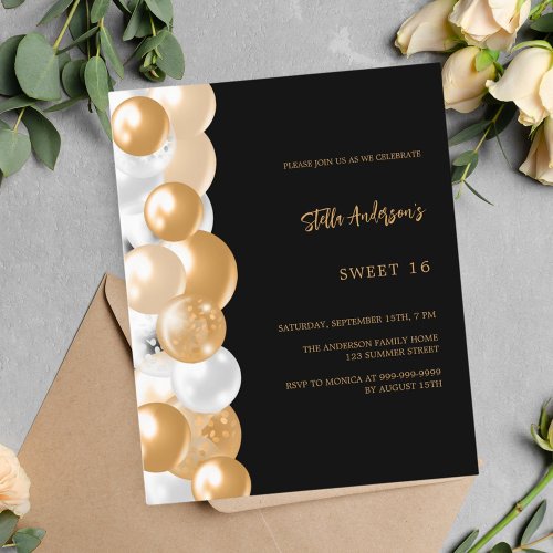 Black gold balloons budget Sweet 16 invitation