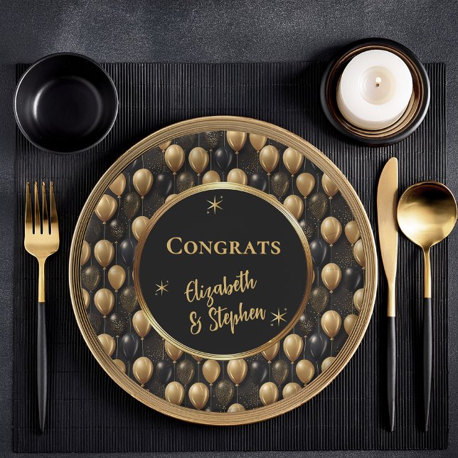 Black | Gold Balloons Congratulations Names Paper Plates (Elegant Black and Gold Faux Glitter Balloons Pattern A023 "Congrats" [Name(s)] Paper Plates)