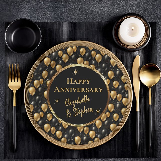 Black | Gold Balloons Happy Anniversary  Paper Plates (Elegant Black and Gold Faux Glitter Balloons Pattern A022 "Happy Anniversary" [Names] Paper Plates)