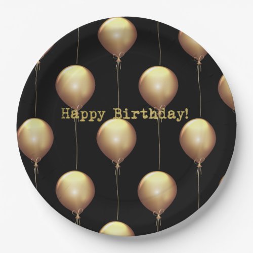 Black Gold Balloons Happy Birthday Paper Plate