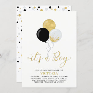 Black & Gold Balloons It's a Boy Baby Shower Invitation