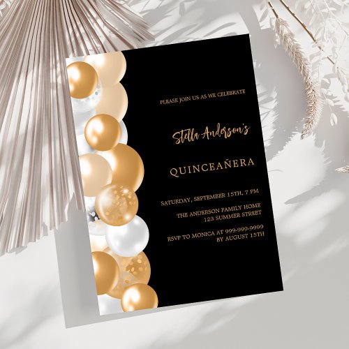 Black gold balloons luxury Quinceanera Invitation
