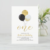 Black & Gold Balloons One 1st Boy Birthday Party Invitation (Standing Front)