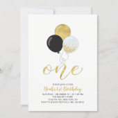 Black & Gold Balloons One 1st Boy Birthday Party Invitation (Front)