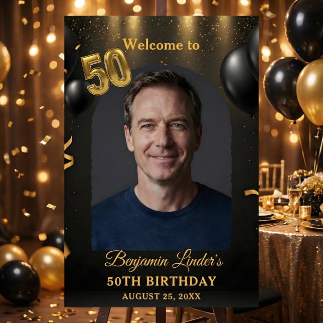 Black & Gold Balloons Photo 50th Birthday Welcome Foam Board (Creator Uploaded)