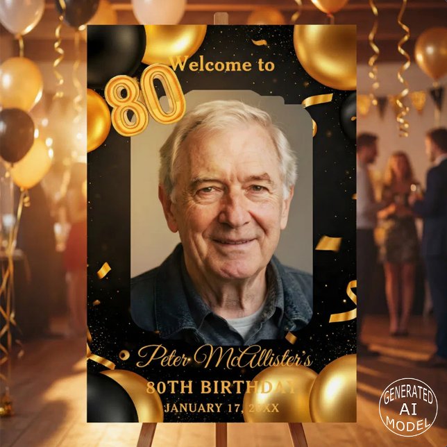 Black Gold Balloons Photo 80th Birthday Welcome Foam Board (Creator Uploaded)