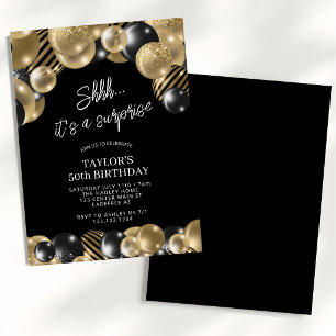 Black Gold Balloons Surprise 50th Birthday Invitation