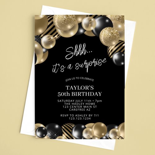 Black Gold Balloons Surprise 50th Birthday Invitation