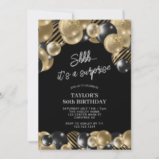 Black Gold Balloons Surprise 80th Birthday Invitation