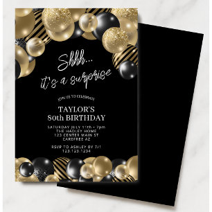 Black Gold Balloons Surprise 80th Birthday Invitation