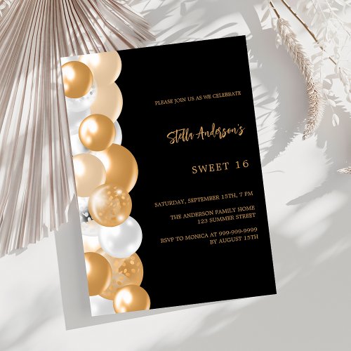 Black gold balloons Sweet 16 Invitation