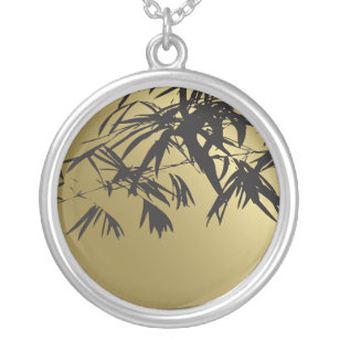 Black & Gold Bamboo Leaves Asian Silver Necklace