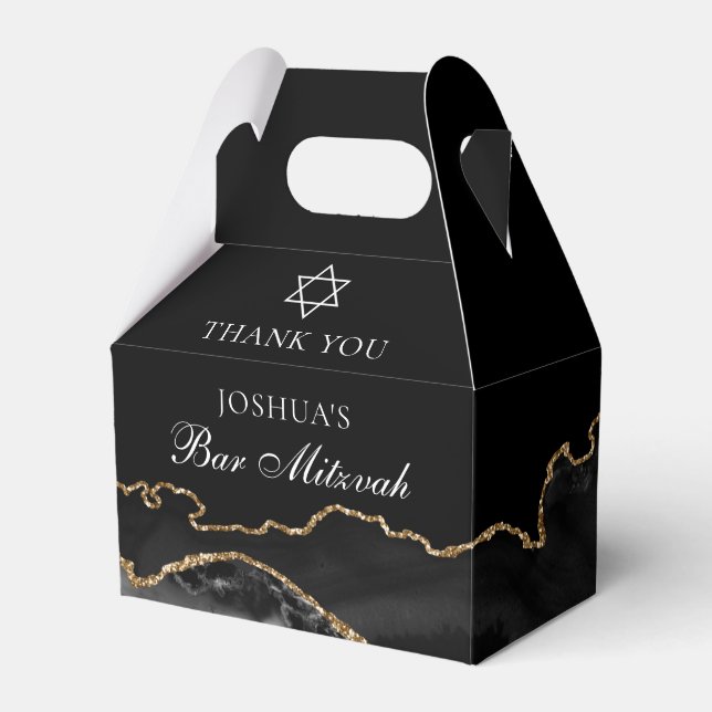 Black Gold Bar Mitzvah Personalized Party Favor Boxes (Front Side)
