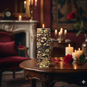 Black & Gold Baroque Floral Pillar Candle