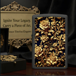 Black Gold Baroque Floral Pocket Zippo Lighter