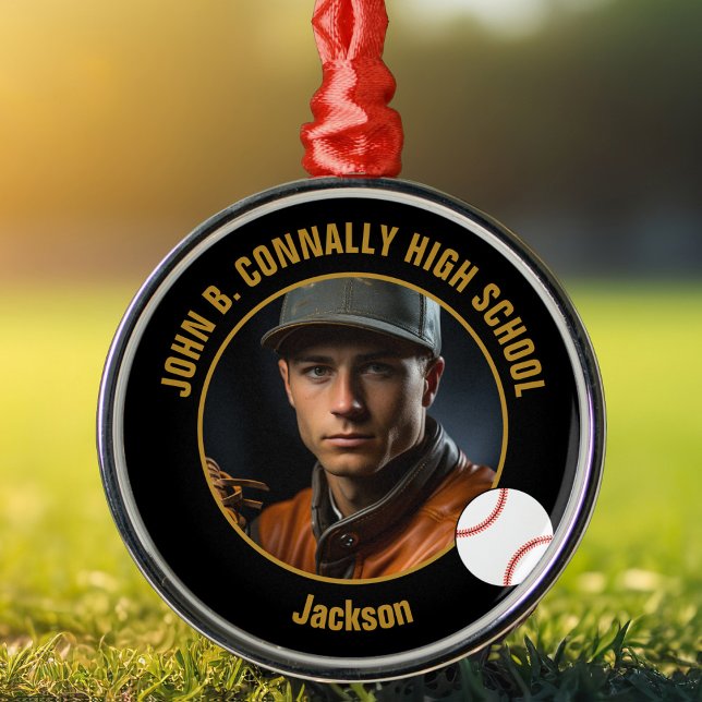 Black Gold Baseball Player Photo Christmas Metal Ornament (Creator Uploaded)