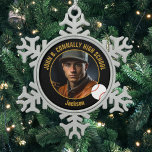 Black Gold Baseball Player Photo High School Snowflake Pewter Christmas Ornament<br><div class="desc">This cool customized high school baseball player photo gift features gold typography of your team and player name on a black snowflake shaped Christmas ornament with a ball. Personalize with your student's photograph and class year as a proud sports parent for a great commemorative keepsake.</div>