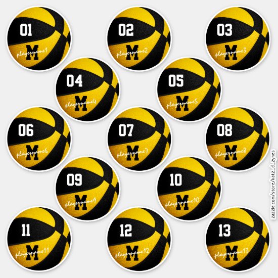 Black & gold basketball team colors set of 13 personalized stickers