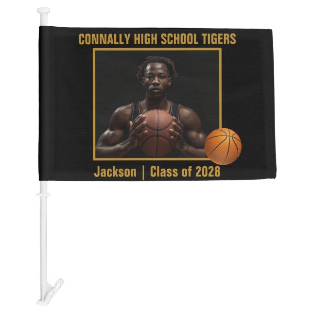 Black Gold Basketball Player Photo Graduation Car Flag (Front)
