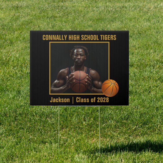 Black Gold Basketball Player Photo Graduation Yard Sign (Insitu)