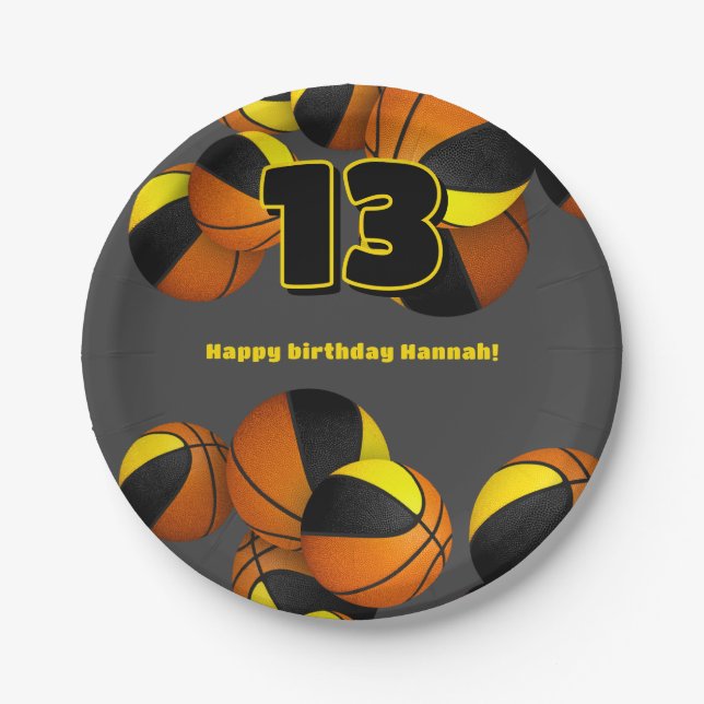 black gold basketballs girls boys sports party paper plates (Front)