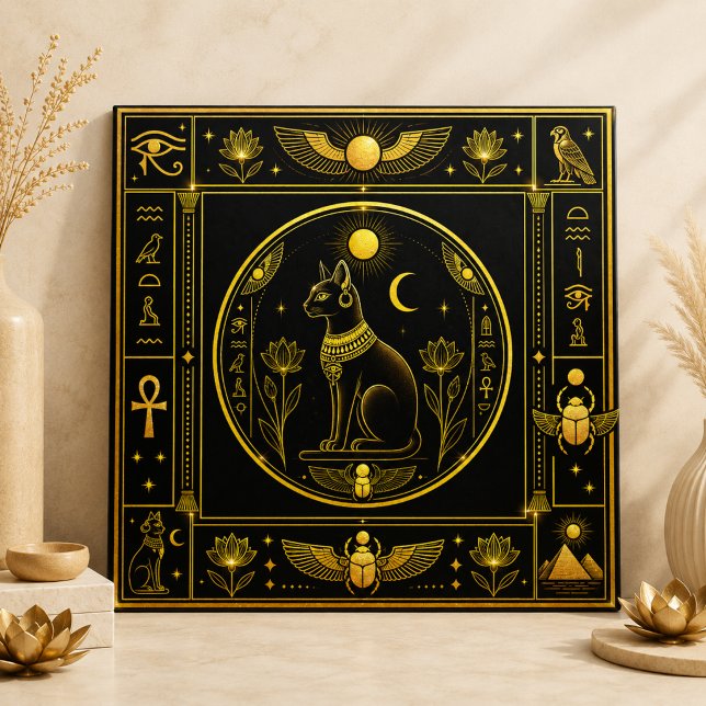 Black Gold Bastet Cat Egyptian Symbol Decor Ceramic Tile (Creator Uploaded)
